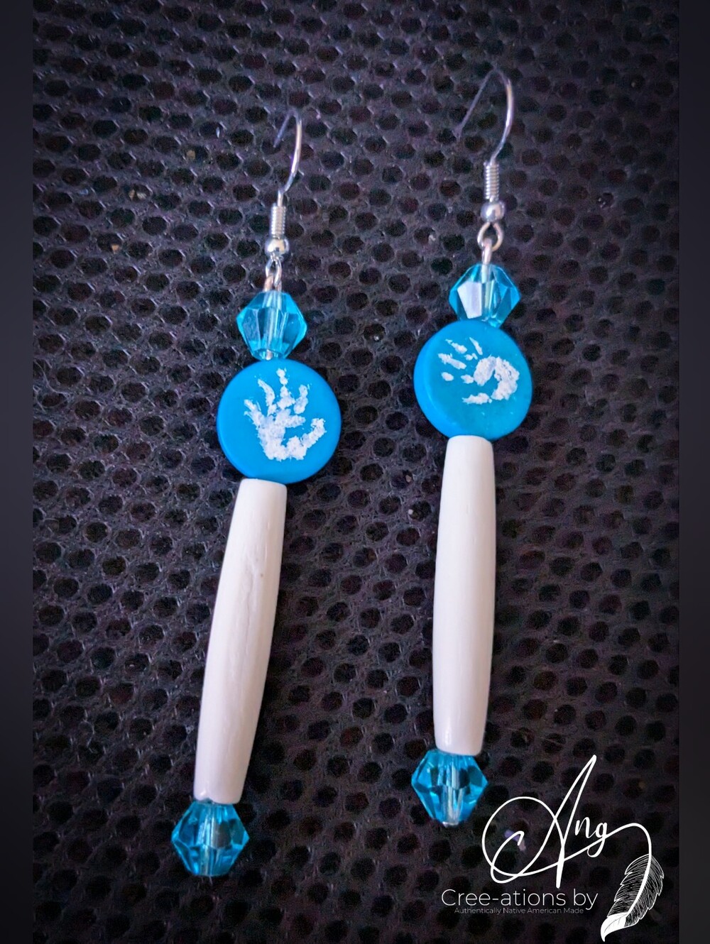 Hand Painted Indigenous Turquoise & White Handprint Buffalo Bone Earrings